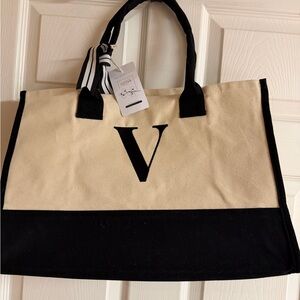 V-Logo Black and Cream Tote Bag